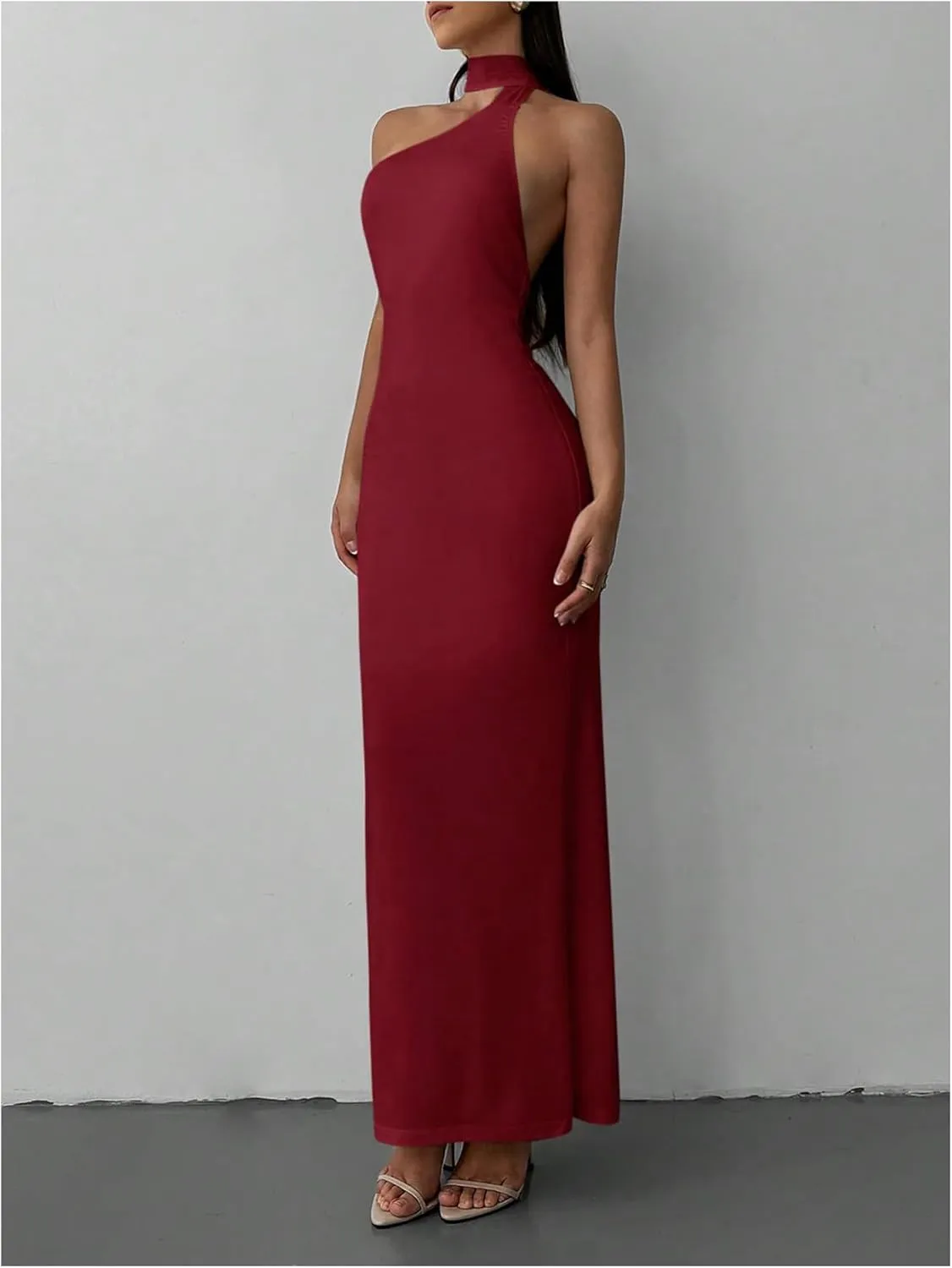 GORGLITTER Women's Open Back Asymmetrical Bodycon Maxi Dress Ruched One Shoulder Wedding Guest Graduation Long Dresses
