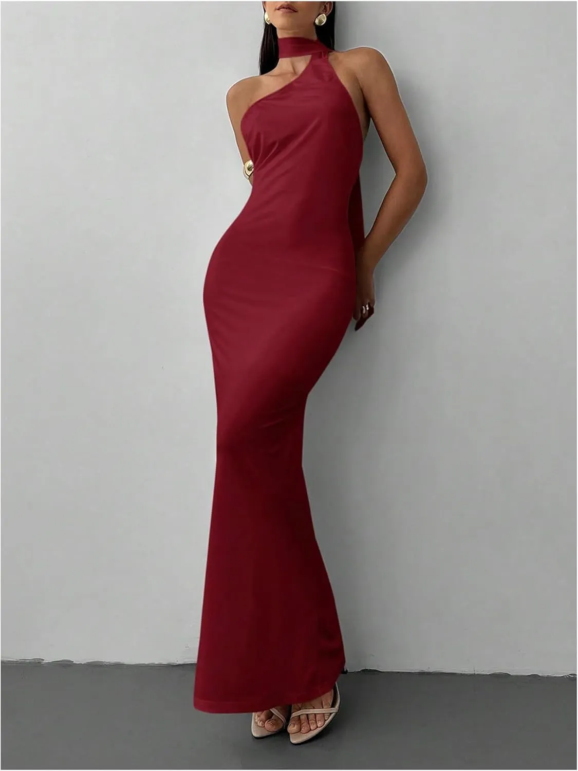 GORGLITTER Women's Open Back Asymmetrical Bodycon Maxi Dress Ruched One Shoulder Wedding Guest Graduation Long Dresses