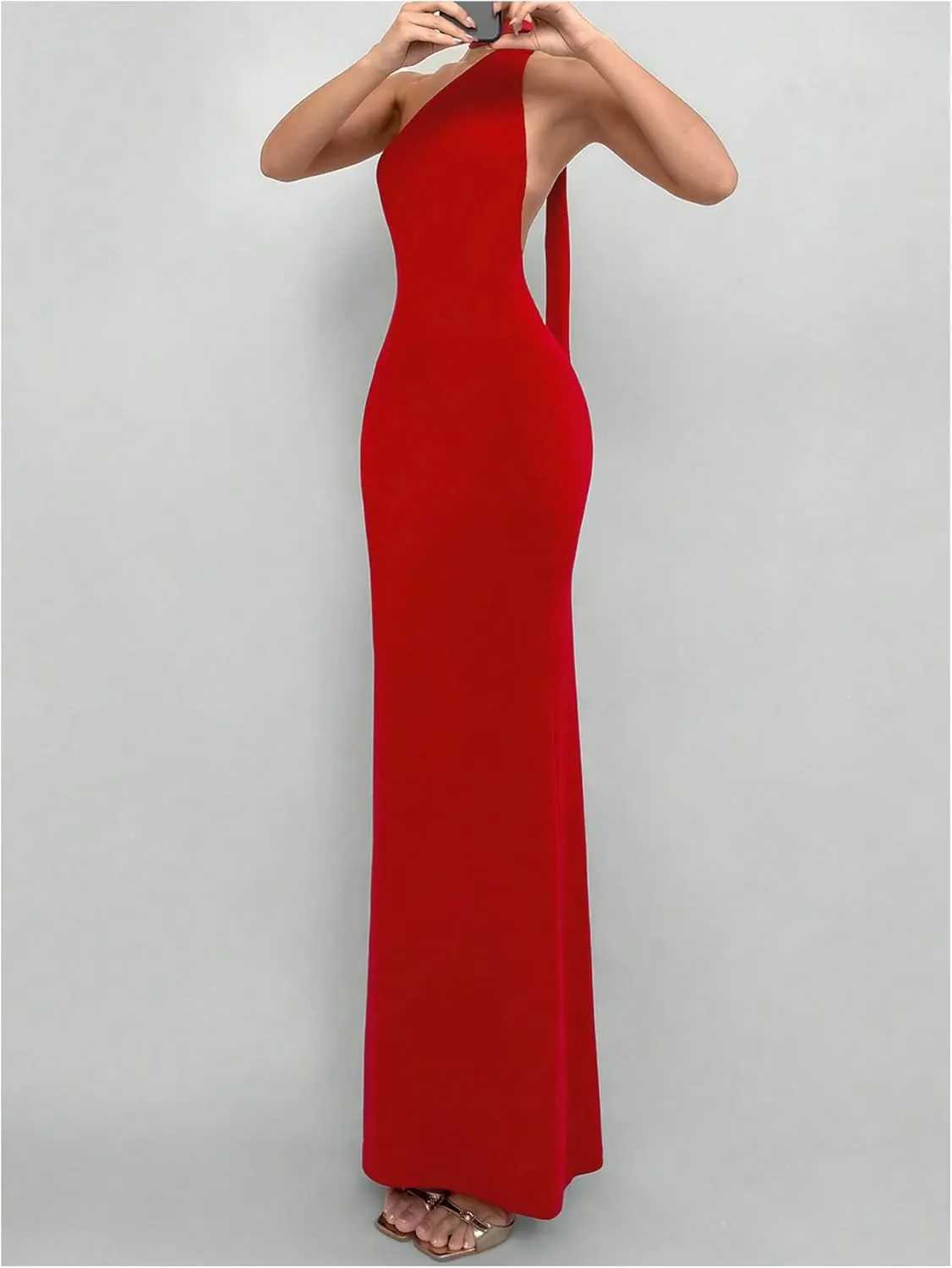 GORGLITTER Women's Open Back Asymmetrical Bodycon Maxi Dress Ruched One Shoulder Wedding Guest Graduation Long Dresses