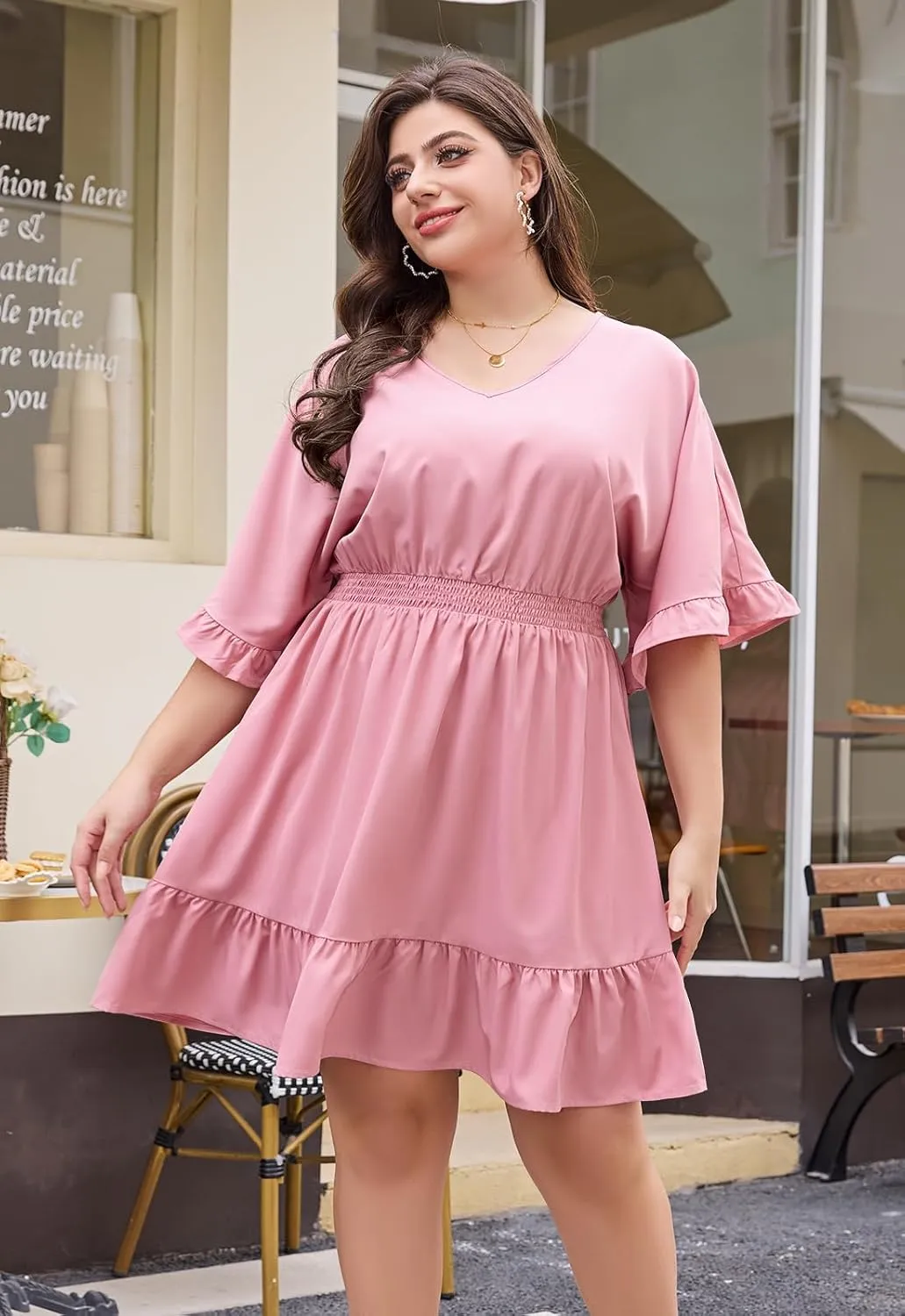 Keluummi Plus Size Summer Midi Dresses for Curvy Women, Casual A Line V Neck Empire Waist Solid Dress with 3/4 Sleeve, Pocket