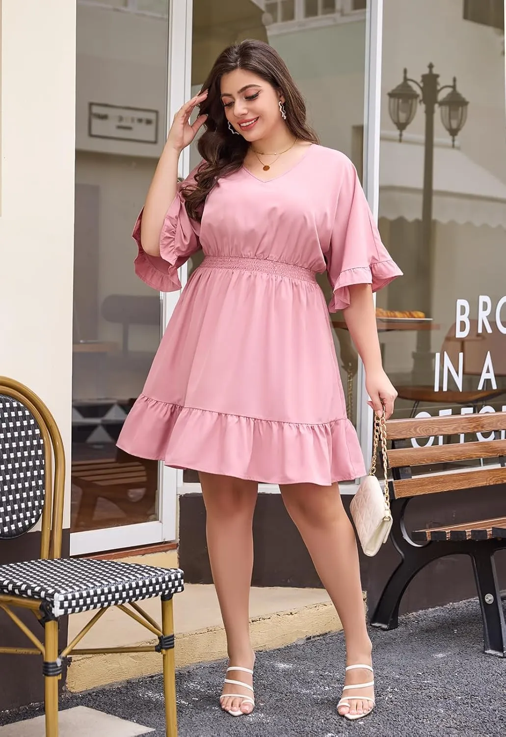 Keluummi Plus Size Summer Midi Dresses for Curvy Women, Casual A Line V Neck Empire Waist Solid Dress with 3/4 Sleeve, Pocket