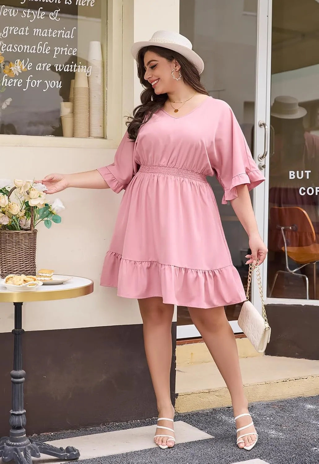Keluummi Plus Size Summer Midi Dresses for Curvy Women, Casual A Line V Neck Empire Waist Solid Dress with 3/4 Sleeve, Pocket