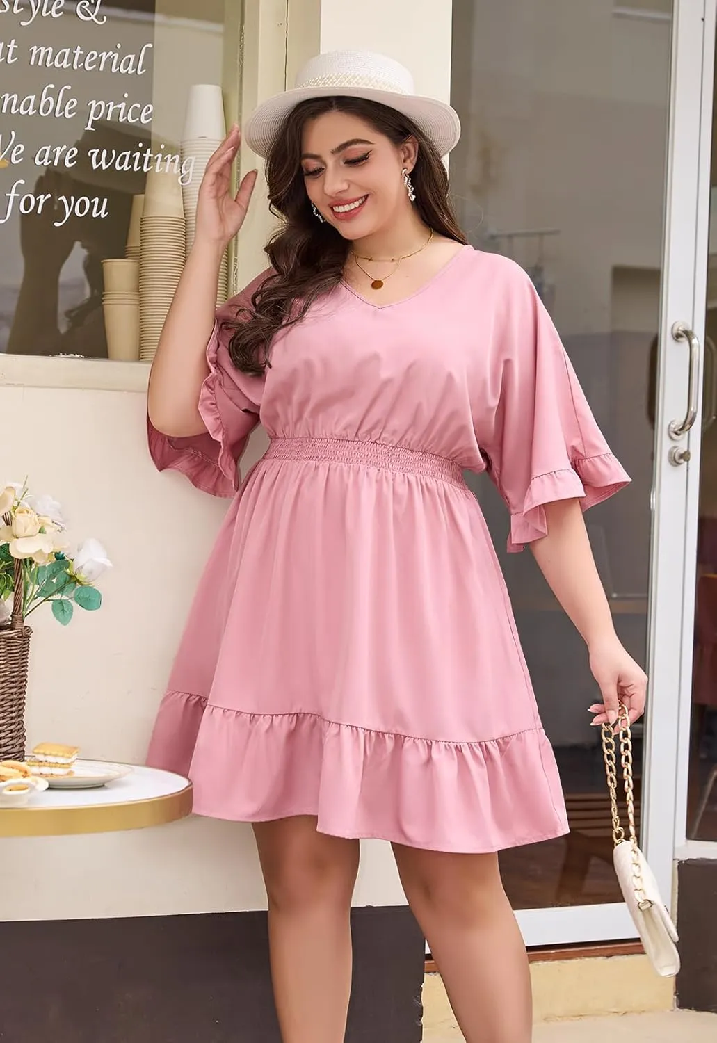 Keluummi Plus Size Summer Midi Dresses for Curvy Women, Casual A Line V Neck Empire Waist Solid Dress with 3/4 Sleeve, Pocket