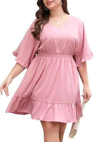 Keluummi Plus Size Summer Midi Dresses for Curvy Women, Casual A Line V Neck Empire Waist Solid Dress with 3/4 Sleeve, Pocket