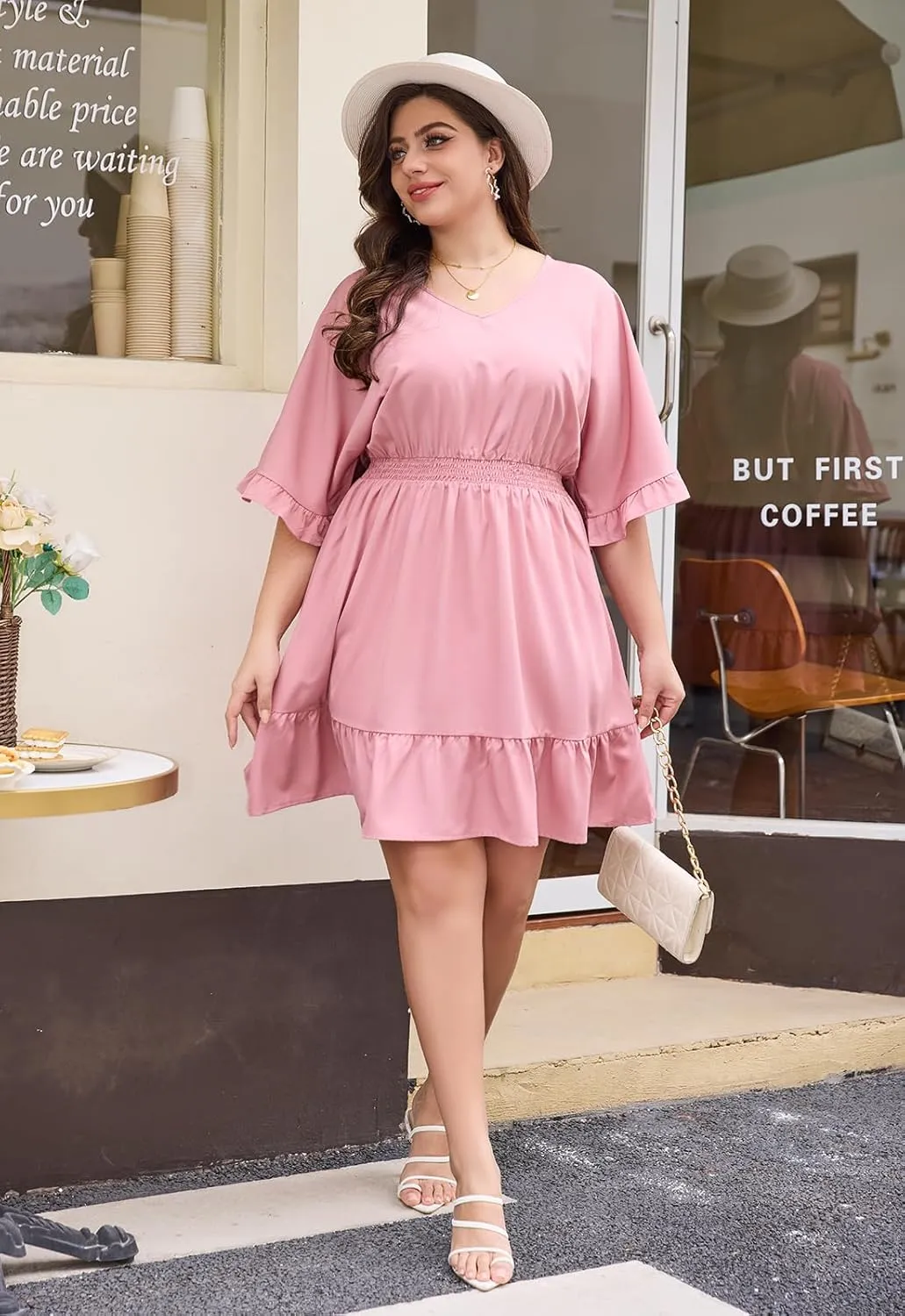 Keluummi Plus Size Summer Midi Dresses for Curvy Women, Casual A Line V Neck Empire Waist Solid Dress with 3/4 Sleeve, Pocket