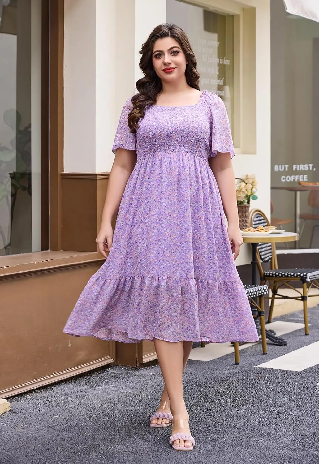 Keluummi Plus Size Wedding Guest Midi Dresses for Curvy Women, Summer Casual Boho Floral Empire Waist Short Sleeve Sundress