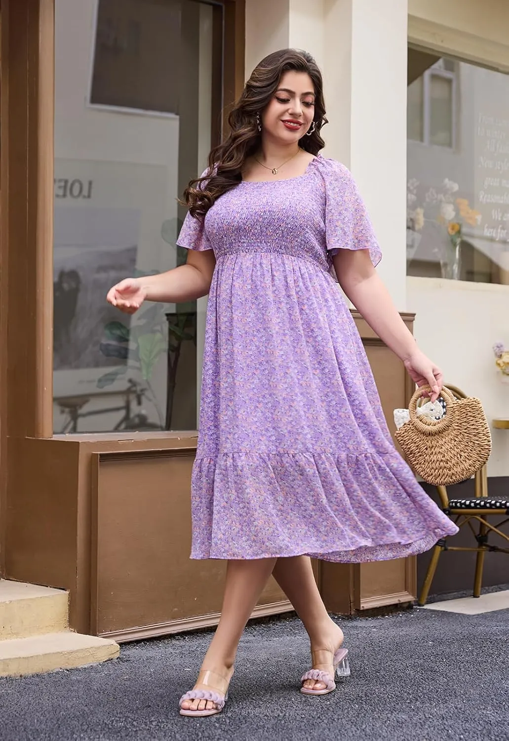Keluummi Plus Size Wedding Guest Midi Dresses for Curvy Women, Summer Casual Boho Floral Empire Waist Short Sleeve Sundress