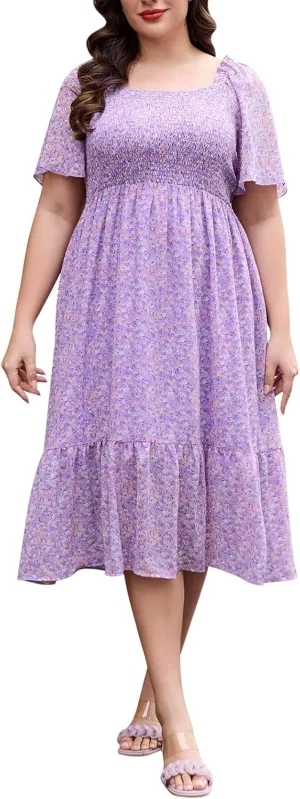 Keluummi Plus Size Wedding Guest Midi Dresses for Curvy Women, Summer Casual Boho Floral Empire Waist Short Sleeve Sundress