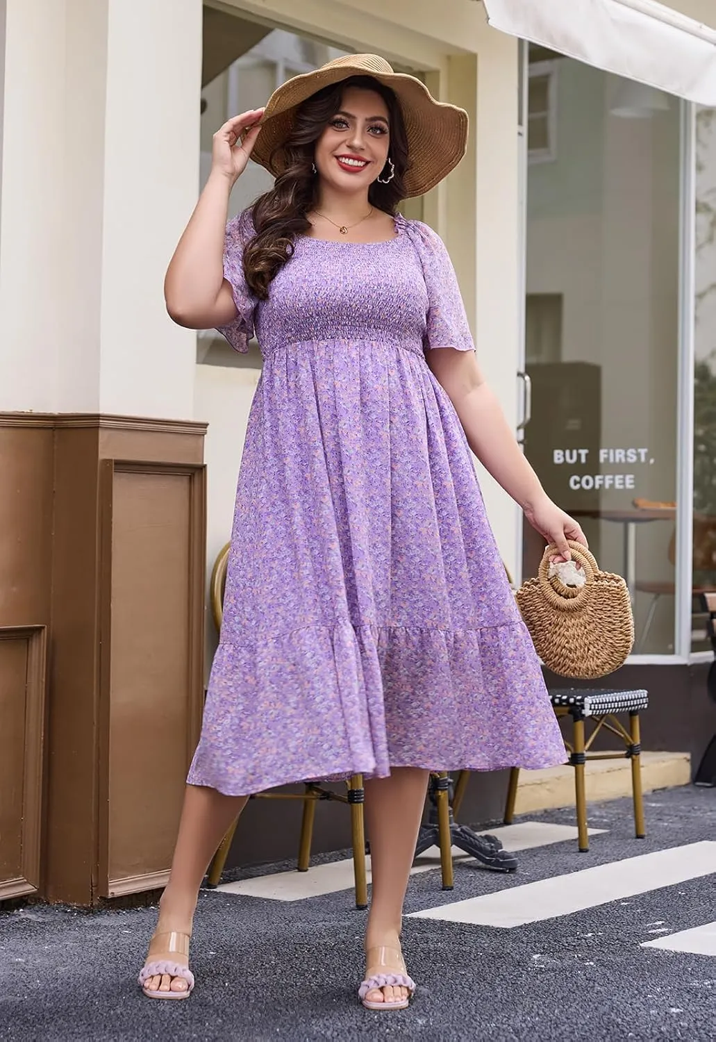 Keluummi Plus Size Wedding Guest Midi Dresses for Curvy Women, Summer Casual Boho Floral Empire Waist Short Sleeve Sundress