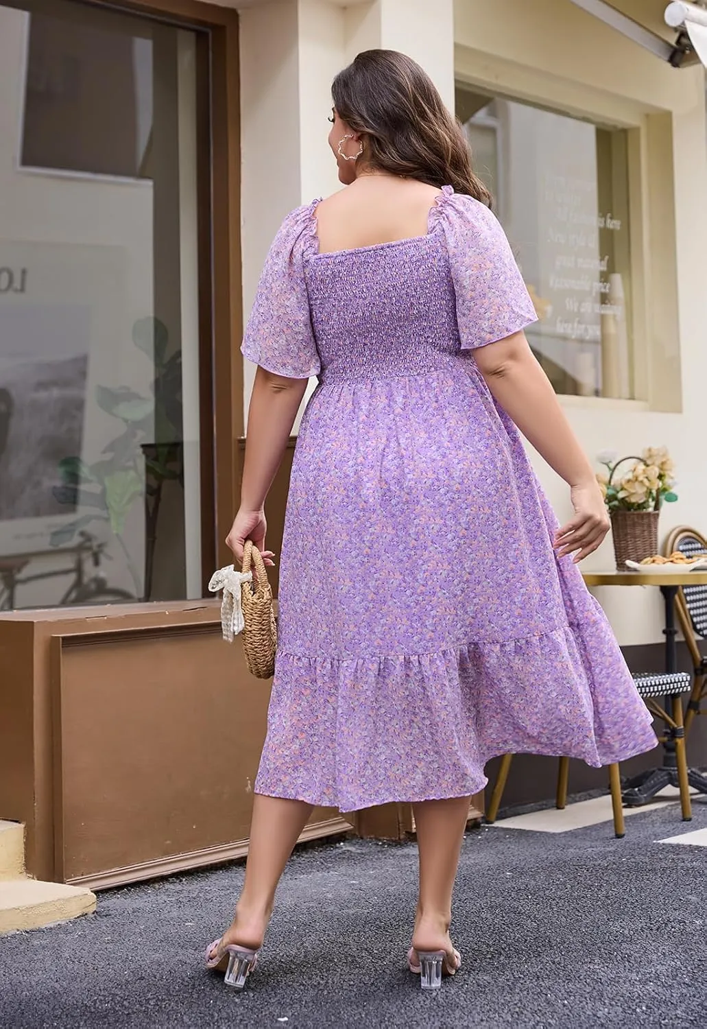 Keluummi Plus Size Wedding Guest Midi Dresses for Curvy Women, Summer Casual Boho Floral Empire Waist Short Sleeve Sundress