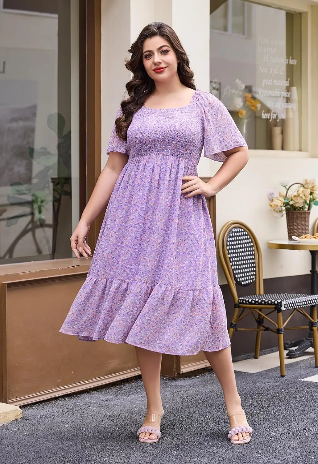 Keluummi Plus Size Wedding Guest Midi Dresses for Curvy Women, Summer Casual Boho Floral Empire Waist Short Sleeve Sundress