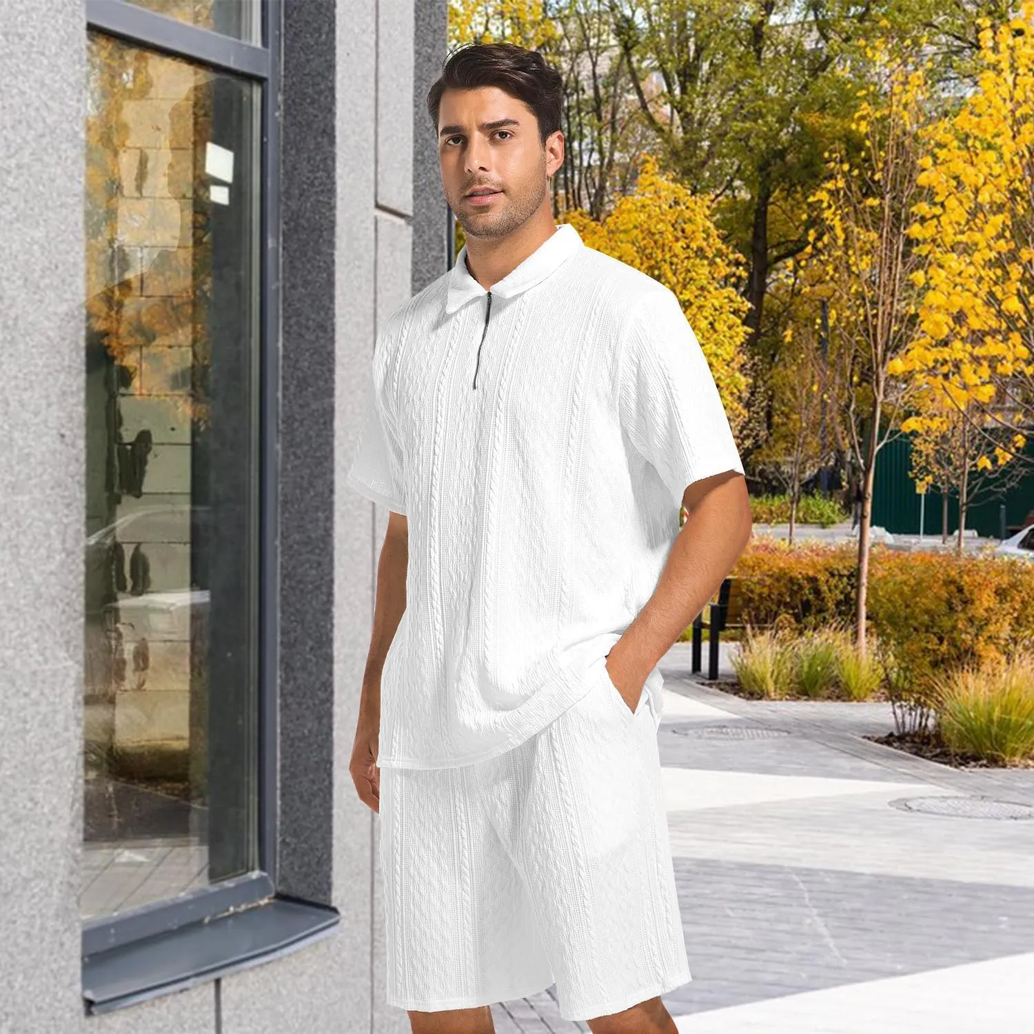 Mens 2 Piece Short Sets Summer 2025 - Zip Polo & Elastic Waist Shorts, Breathe Comfortable Tracksuit with Pockets