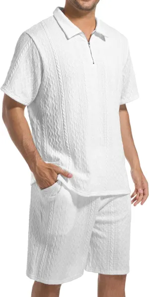 Mens 2 Piece Short Sets Summer 2025 - Zip Polo & Elastic Waist Shorts, Breathe Comfortable Tracksuit with Pockets