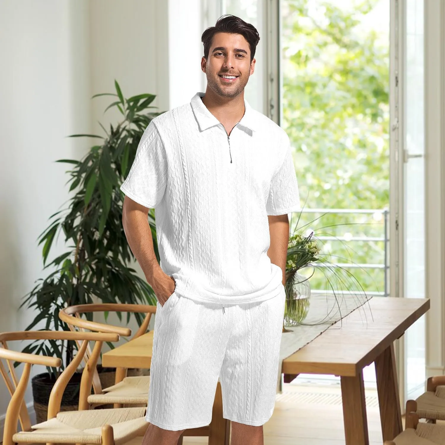 Mens 2 Piece Short Sets Summer 2025 - Zip Polo & Elastic Waist Shorts, Breathe Comfortable Tracksuit with Pockets