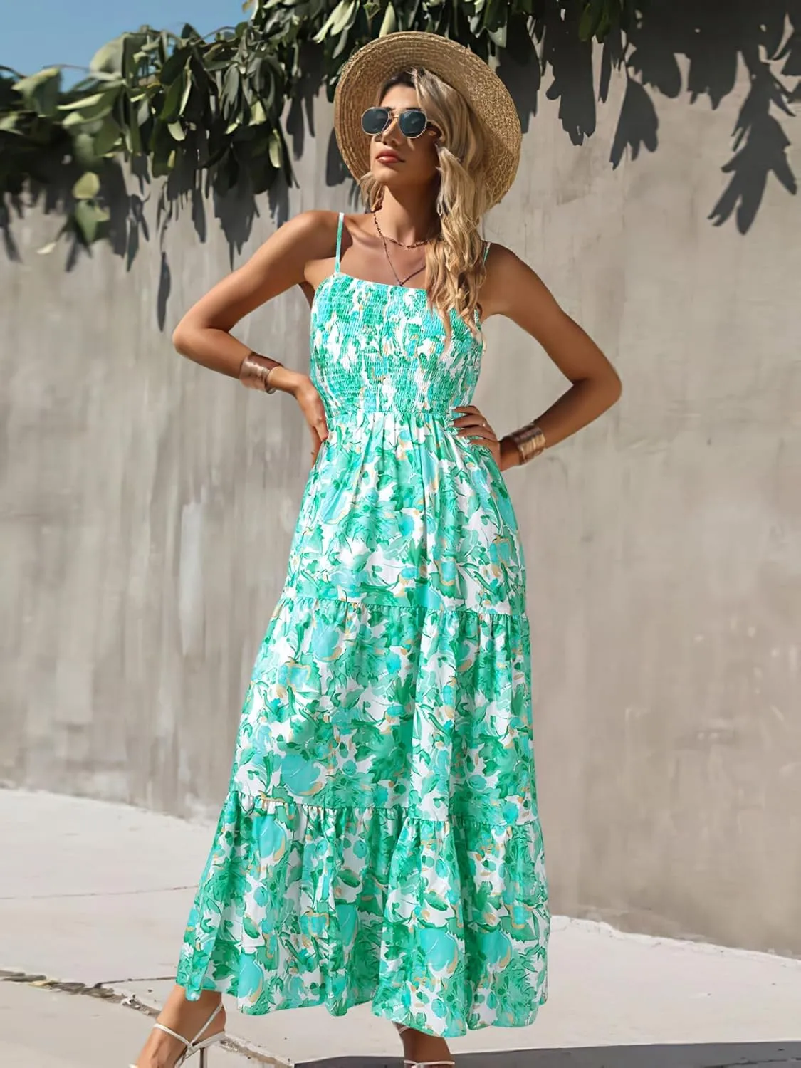MYHALF Maxi Hawaiian Dresses for Women: Summer Boho Floral Sleeveless Spaghetti Strap Smocked Tiered Long Beach Dress