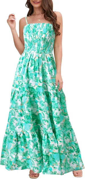 MYHALF Maxi Hawaiian Dresses for Women: Summer Boho Floral Sleeveless Spaghetti Strap Smocked Tiered Long Beach Dress