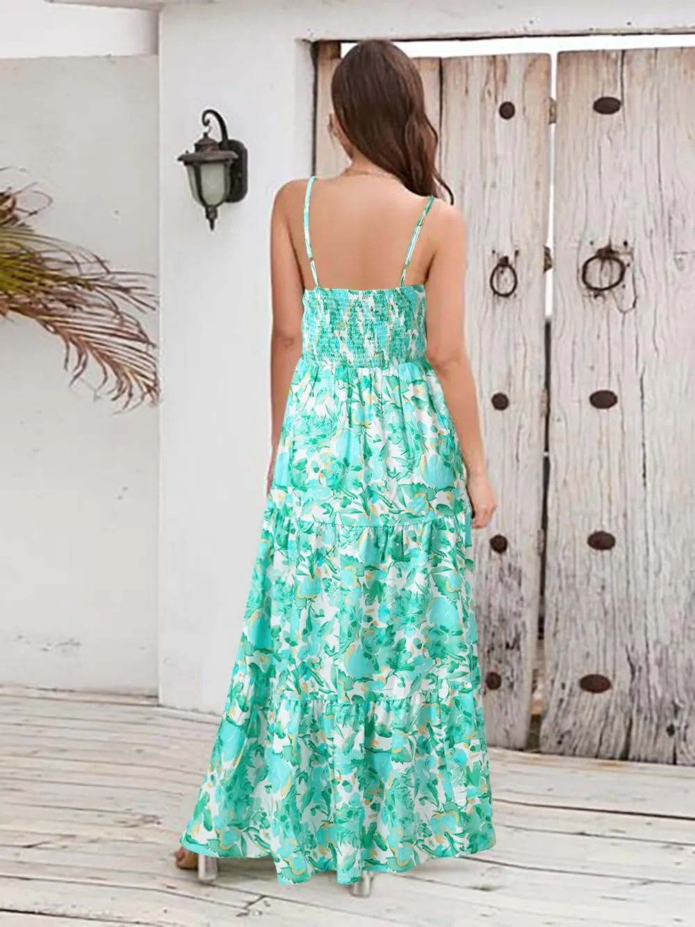MYHALF Maxi Hawaiian Dresses for Women: Summer Boho Floral Sleeveless Spaghetti Strap Smocked Tiered Long Beach Dress