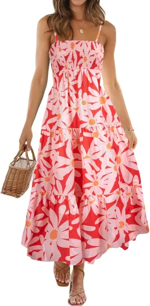 MYHALF Maxi Hawaiian Dresses for Women: Summer Boho Floral Sleeveless Spaghetti Strap Smocked Tiered Long Beach Dress