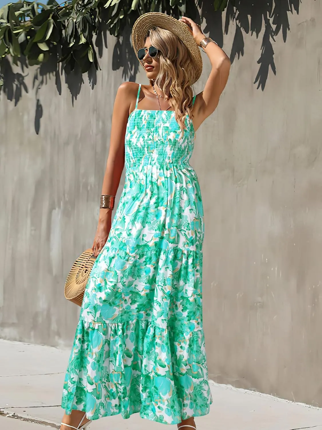 MYHALF Maxi Hawaiian Dresses for Women: Summer Boho Floral Sleeveless Spaghetti Strap Smocked Tiered Long Beach Dress