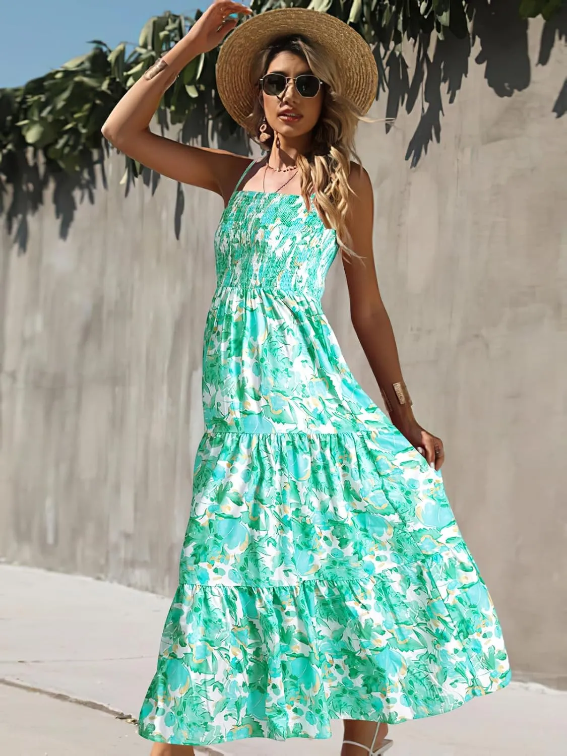 MYHALF Maxi Hawaiian Dresses for Women: Summer Boho Floral Sleeveless Spaghetti Strap Smocked Tiered Long Beach Dress