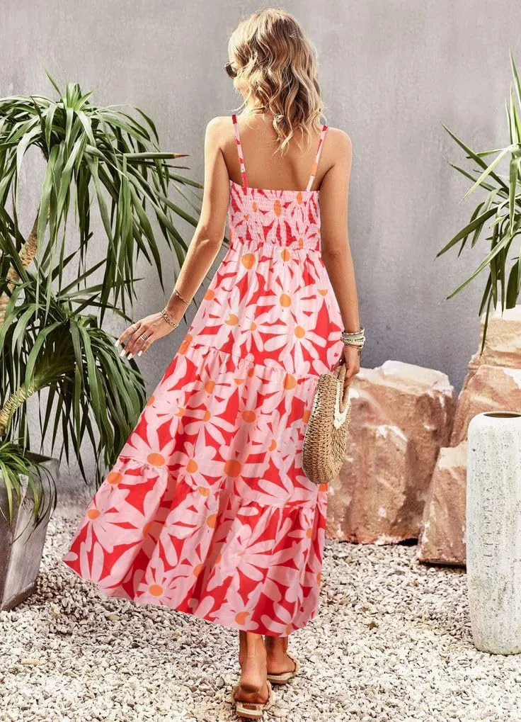 MYHALF Maxi Hawaiian Dresses for Women: Summer Boho Floral Sleeveless Spaghetti Strap Smocked Tiered Long Beach Dress