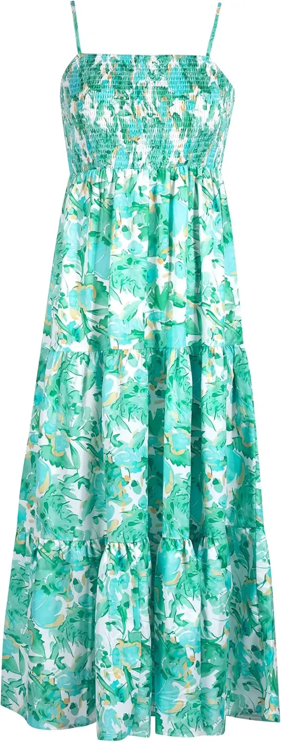 MYHALF Maxi Hawaiian Dresses for Women: Summer Boho Floral Sleeveless Spaghetti Strap Smocked Tiered Long Beach Dress