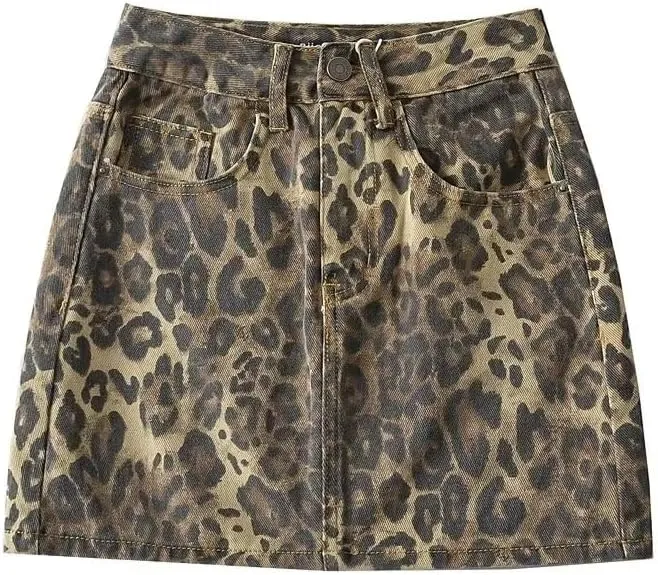 POHADON Women's Leopard Print High Waist Skirt Sexy Jean Skirt Mini Denim Skirt Cheetah Print Summer Y2k Grunge Clothes