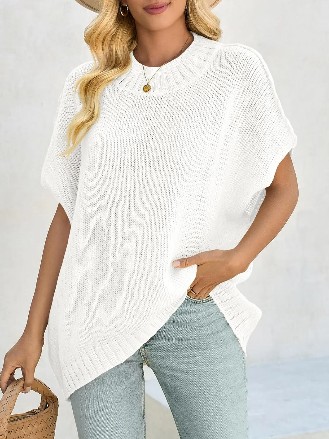 Saodimallsu Womens Oversized Sweater Tops Summer Lightweight Batwing Half Sleeve Casual Loose Knit Pullover Shirts