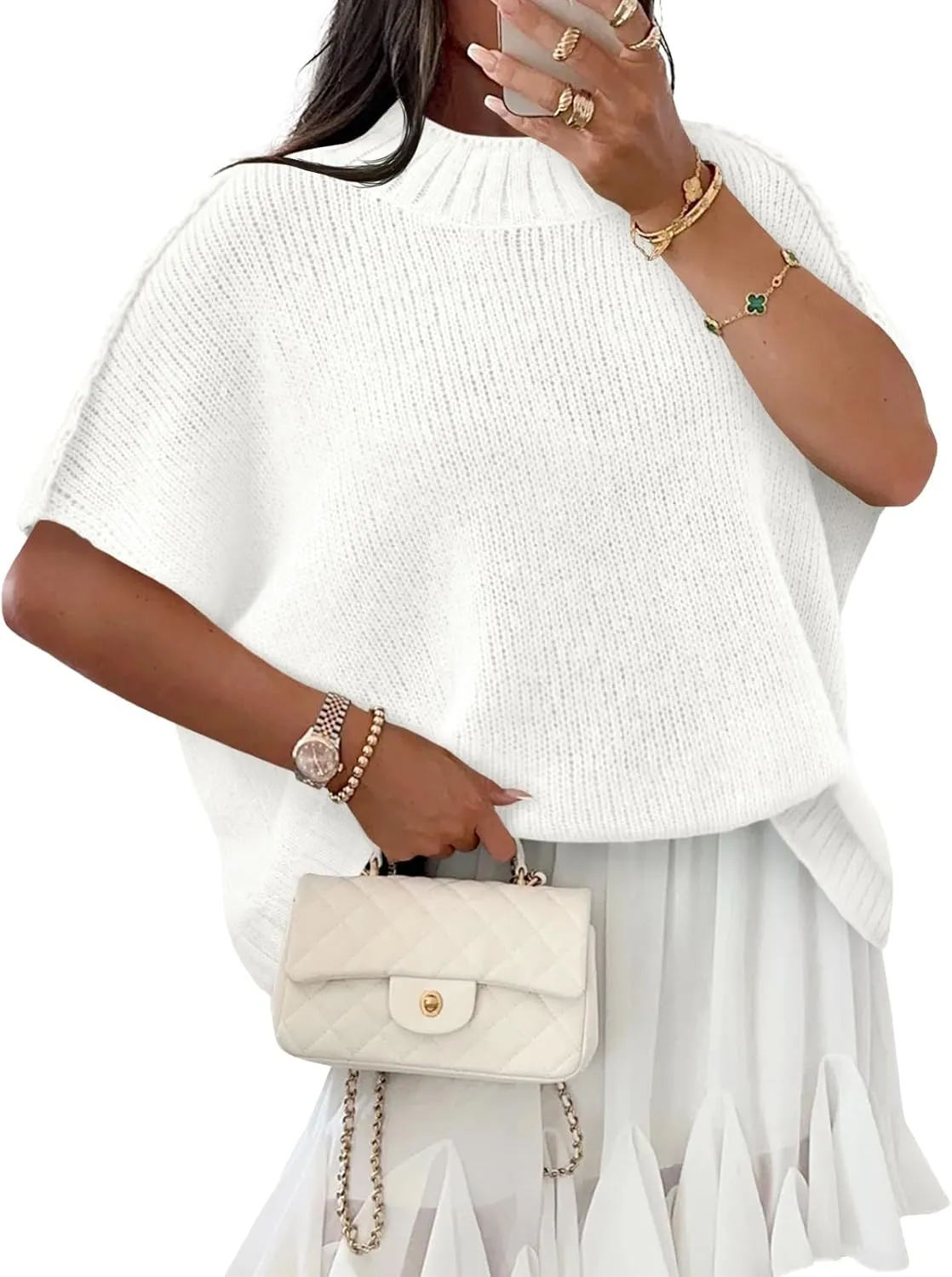 Saodimallsu Womens Oversized Sweater Tops Summer Lightweight Batwing Half Sleeve Casual Loose Knit Pullover Shirts