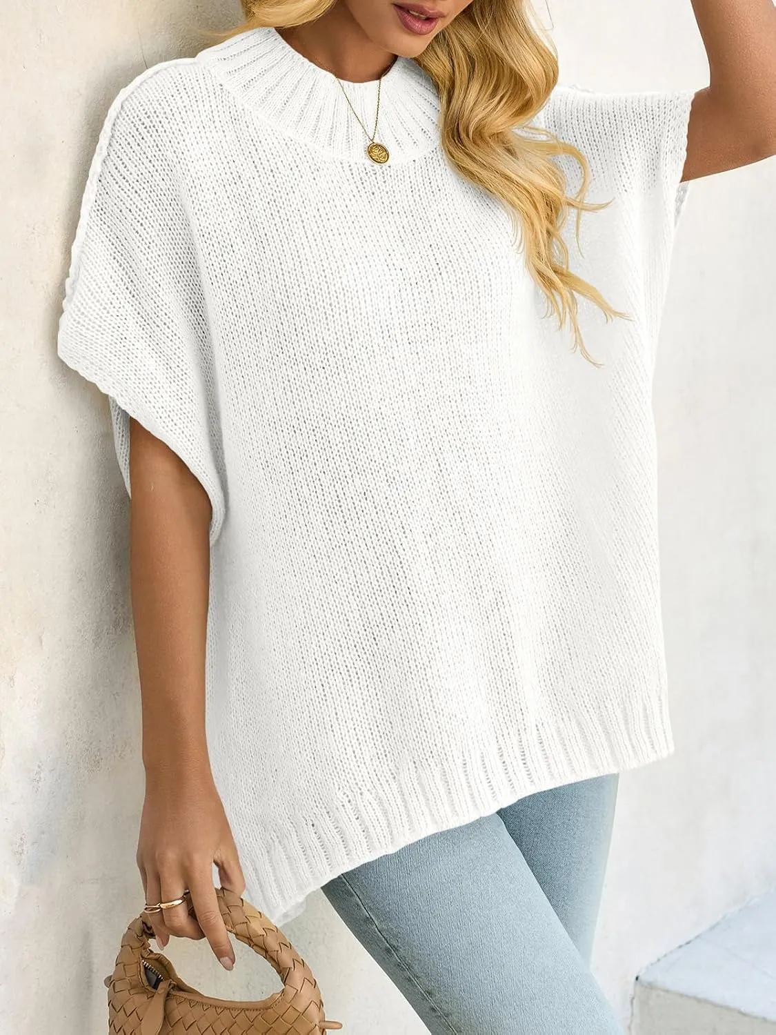 Saodimallsu Womens Oversized Sweater Tops Summer Lightweight Batwing Half Sleeve Casual Loose Knit Pullover Shirts