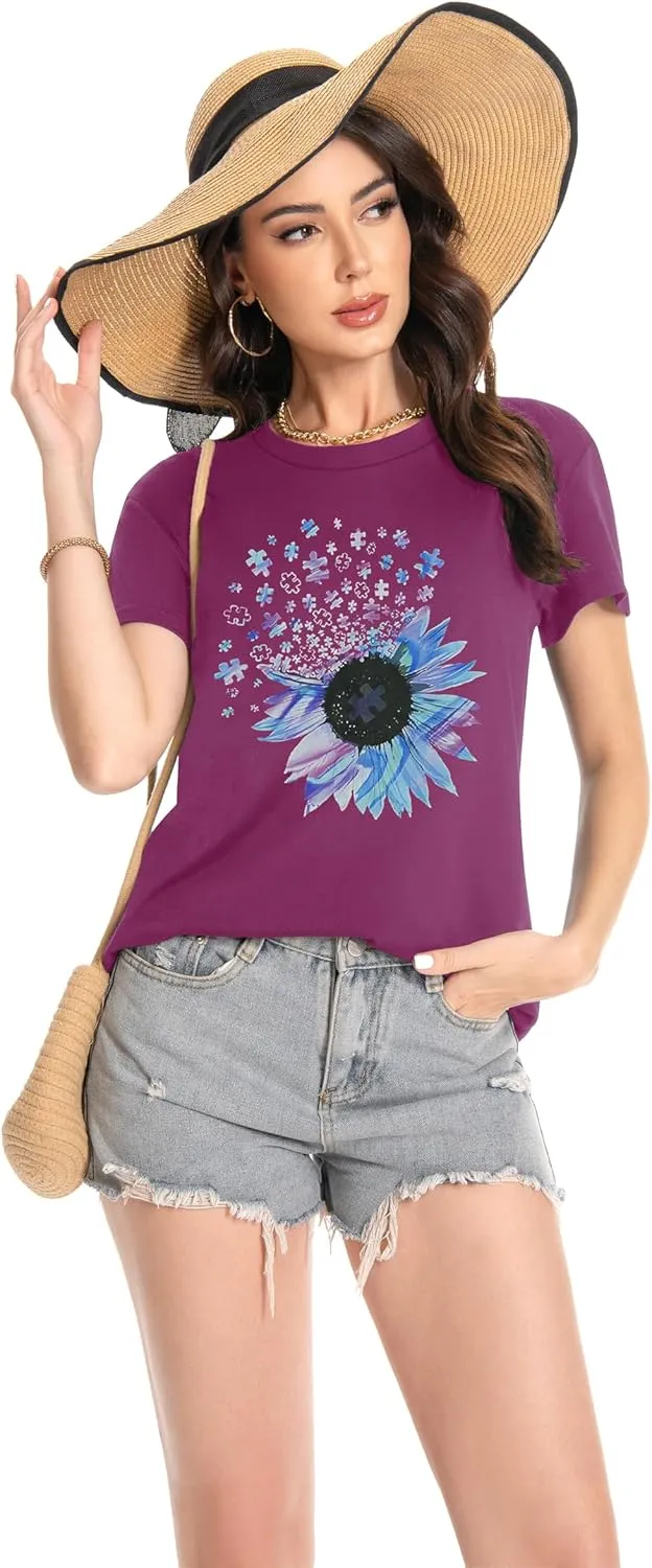 T Shirts for Women Crewneck Short Sleeve Loose Fit Casual Cute Tee Tunic Blouse