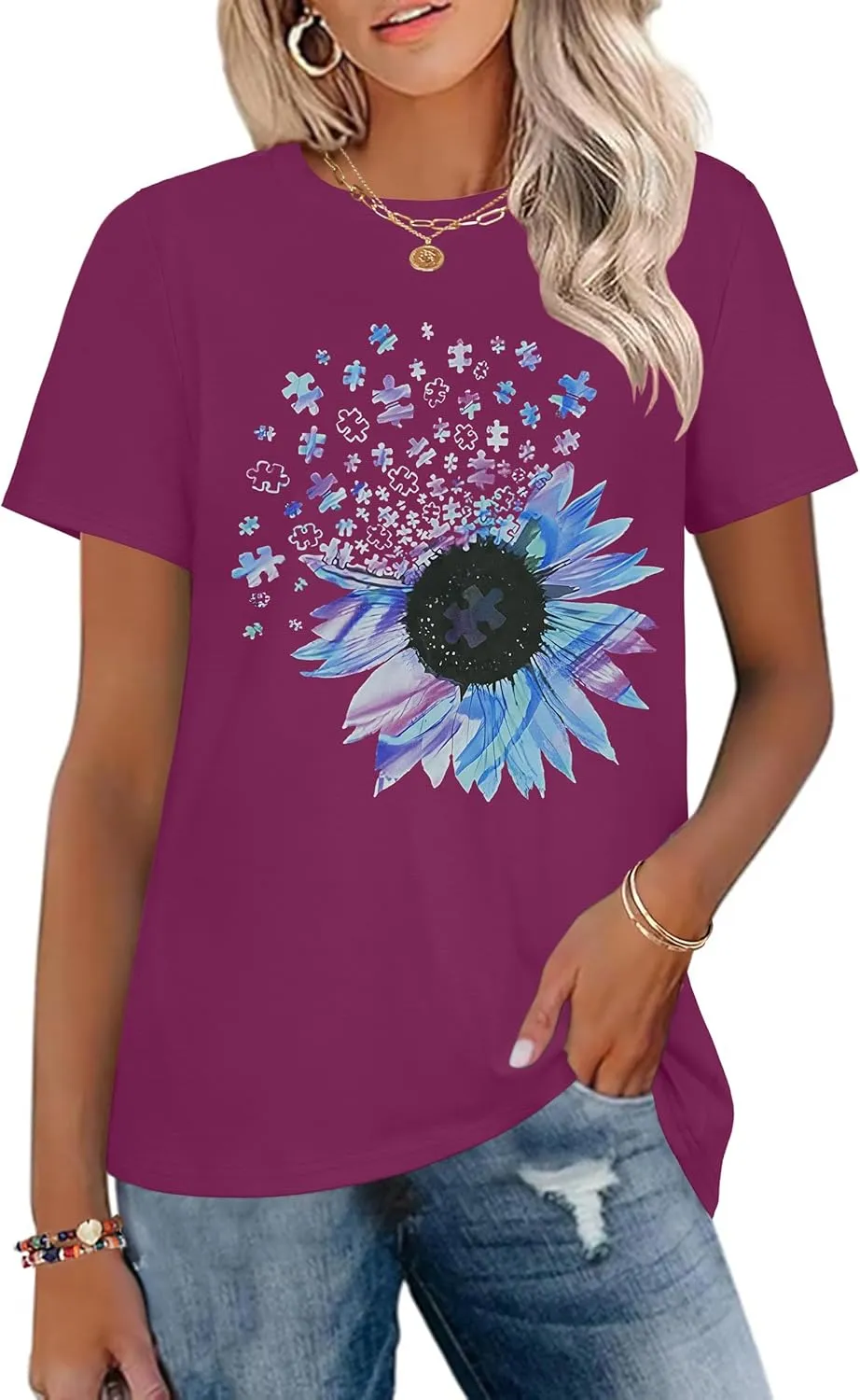 T Shirts for Women Crewneck Short Sleeve Loose Fit Casual Cute Tee Tunic Blouse
