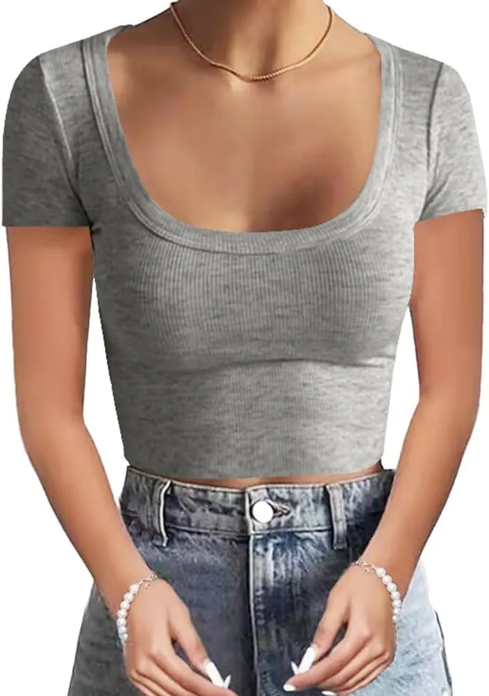 WAYMAKER Women's Casual Short Sleeve Square Neck Summer Tops Ribbed Knit Slim Fit Tee Shirts