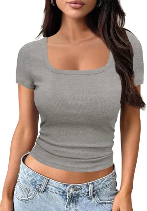 WAYMAKER Women's Casual Short Sleeve Square Neck Summer Tops Ribbed Knit Slim Fit Tee Shirts