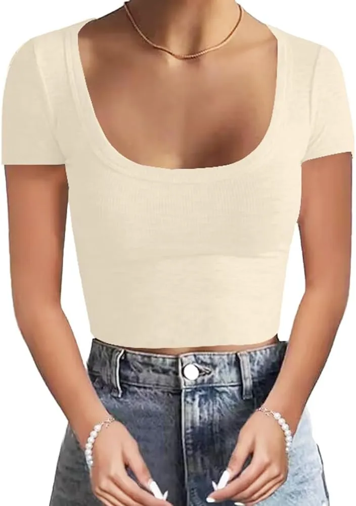 WAYMAKER Women's Casual Short Sleeve Square Neck Summer Tops Ribbed Knit Slim Fit Tee Shirts