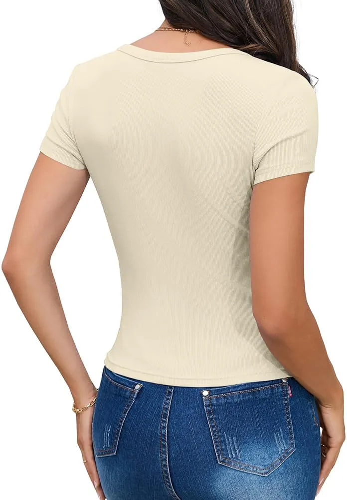 WAYMAKER Women's Casual Short Sleeve Square Neck Summer Tops Ribbed Knit Slim Fit Tee Shirts