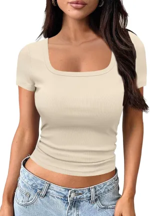 WAYMAKER Women's Casual Short Sleeve Square Neck Summer Tops Ribbed Knit Slim Fit Tee Shirts