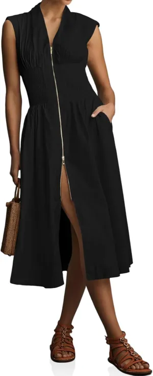 Wenrine Womens Summer Smocked Midi Dress Casual Zipper V Neck Cap Sleeve High Slit Flowy Long Dresses