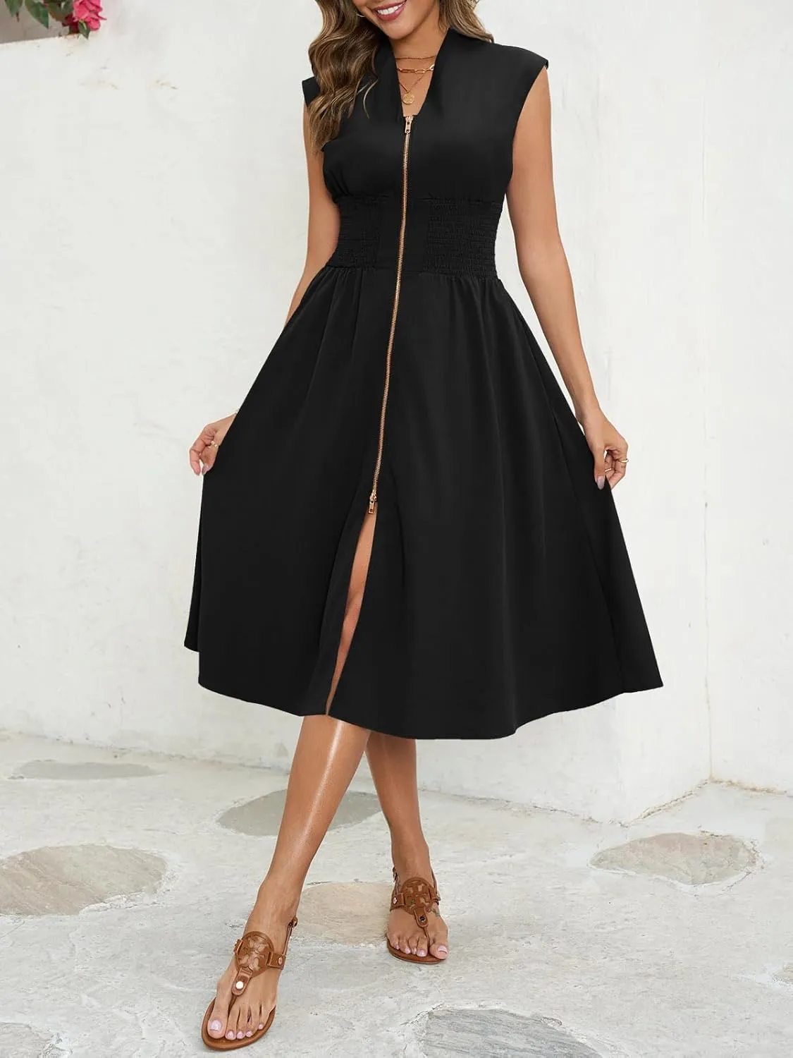 Wenrine Womens Summer Smocked Midi Dress Casual Zipper V Neck Cap Sleeve High Slit Flowy Long Dresses