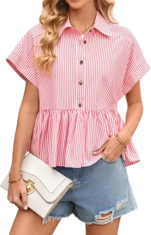 Women Striped Button Down Shirts Cute Babydoll Short Sleeve Ruffle Hem Top Trendy Summer Peplum Blouse