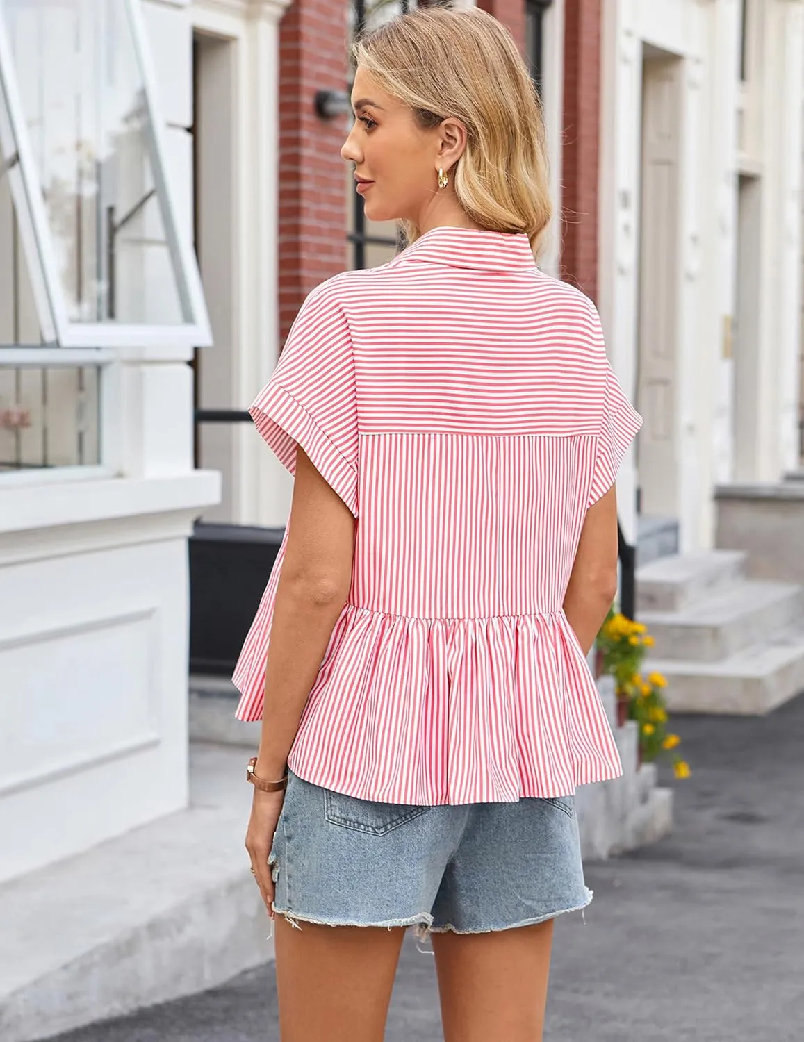 Women Striped Button Down Shirts Cute Babydoll Short Sleeve Ruffle Hem Top Trendy Summer Peplum Blouse