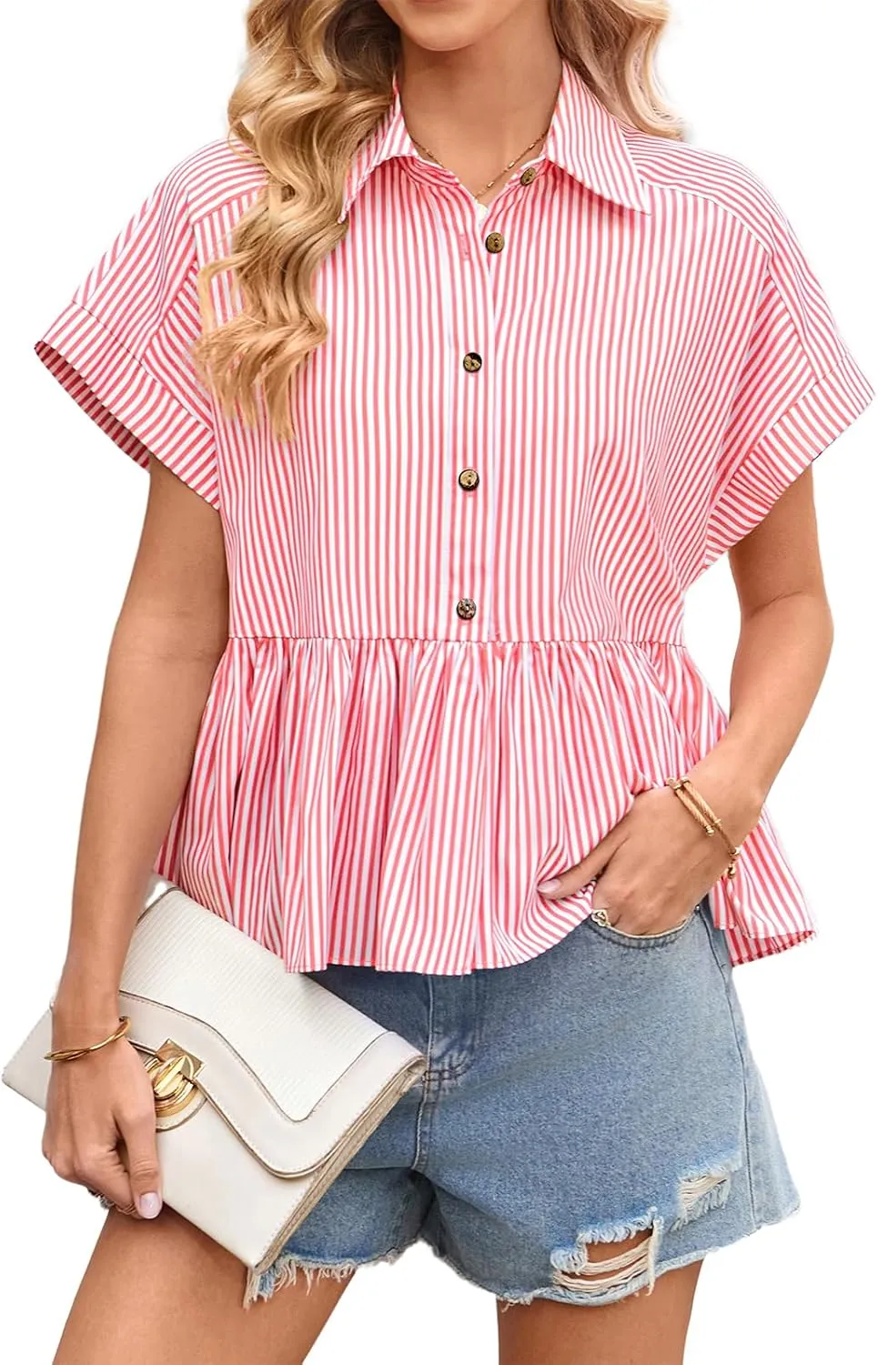 Women Striped Button Down Shirts Cute Babydoll Short Sleeve Ruffle Hem Top Trendy Summer Peplum Blouse