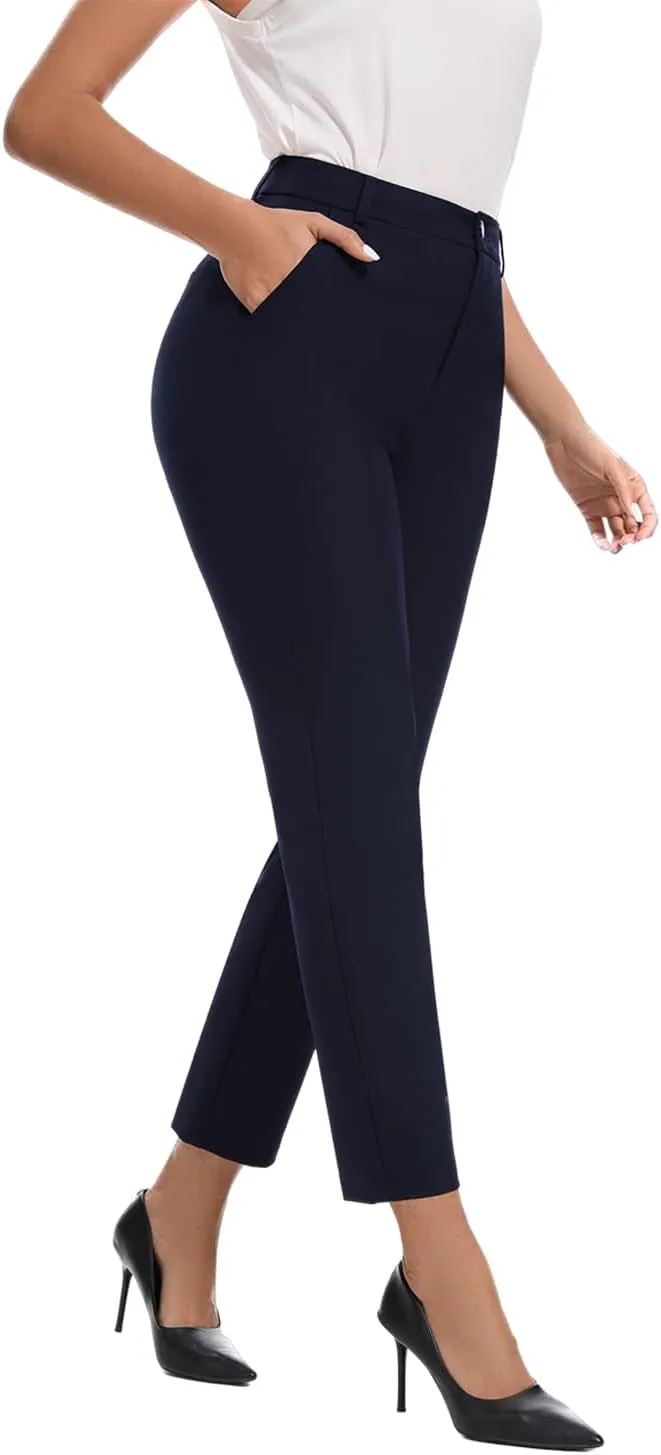 Women's High Waisted Dress Pants Straight Leg Business Trousers with Pockets Stretch Fabric for Office Work Casual