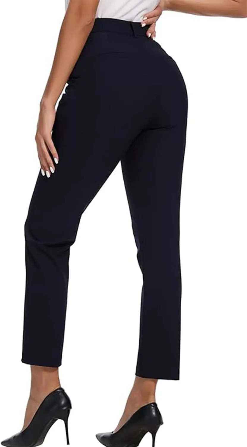 Women's High Waisted Dress Pants Straight Leg Business Trousers with Pockets Stretch Fabric for Office Work Casual