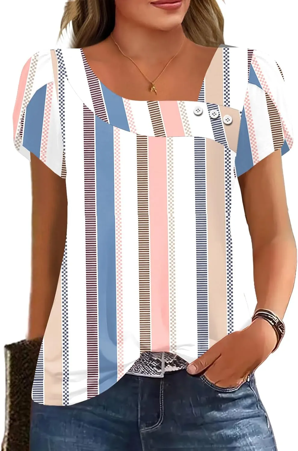 Womens Petal Sleeve Tops Summer Trendy T Shirt Casual Loose Square Neck Button Blouse Tees