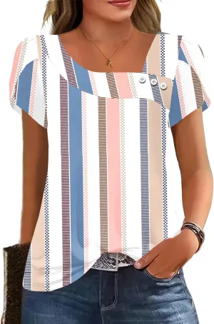 Womens Petal Sleeve Tops Summer Trendy T Shirt Casual Loose Square Neck Button Blouse Tees