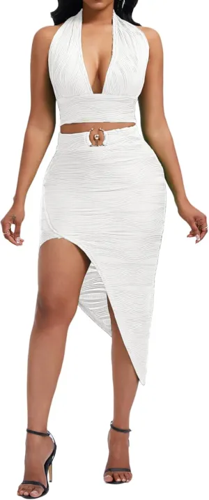 Women's Sexy Clubwear 2 Piece Set Halter Crop Top & High-Slit Bodycon Skirt for Night Out