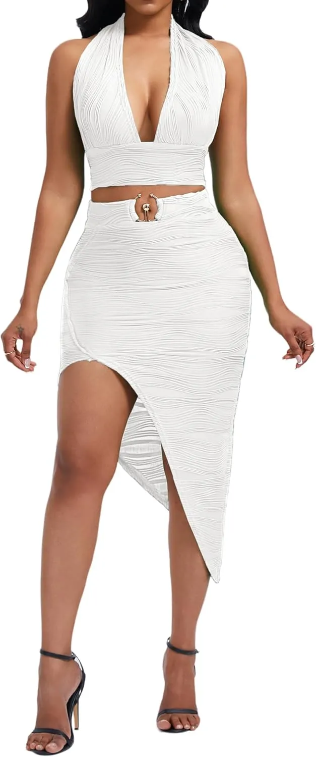 Women's Sexy Clubwear 2 Piece Set Halter Crop Top & High-Slit Bodycon Skirt for Night Out