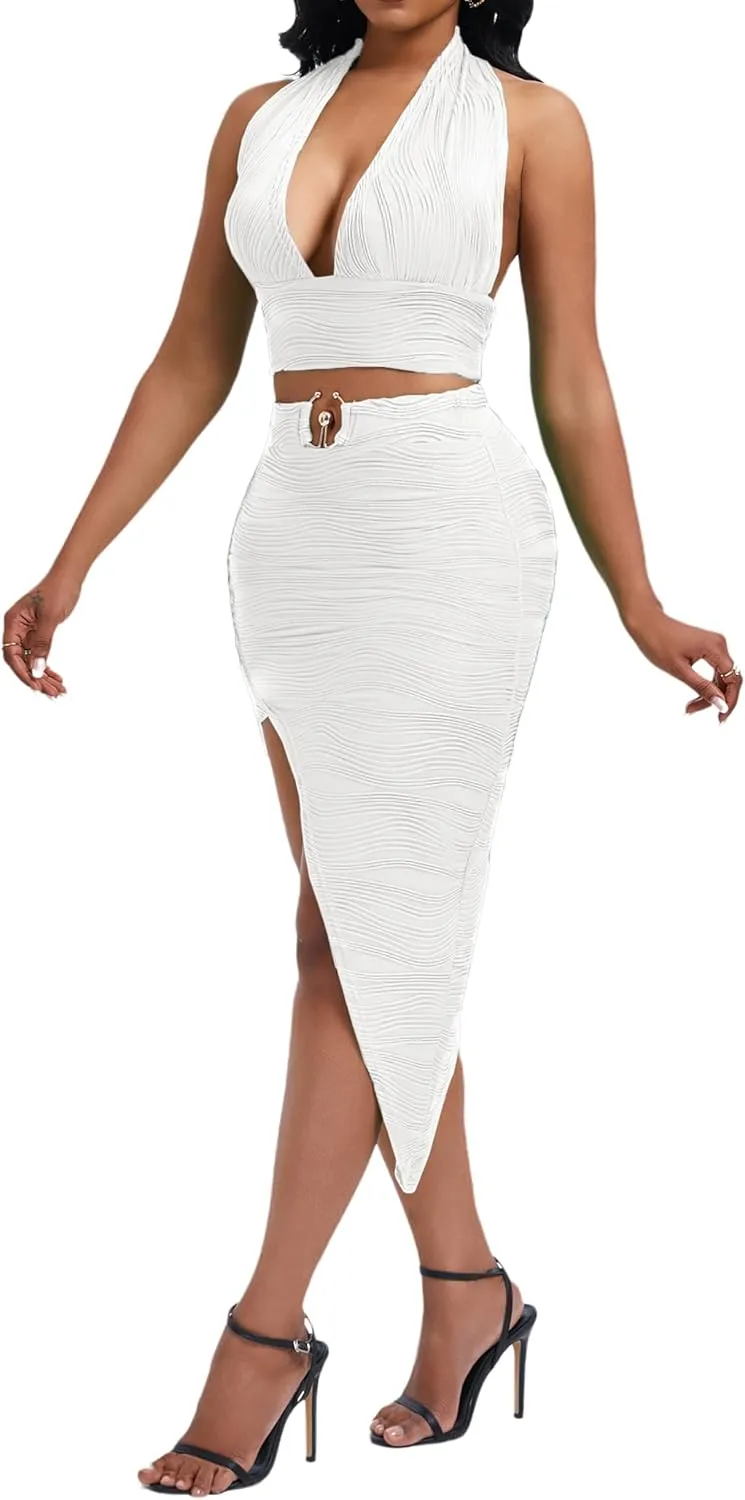 Women's Sexy Clubwear 2 Piece Set Halter Crop Top & High-Slit Bodycon Skirt for Night Out