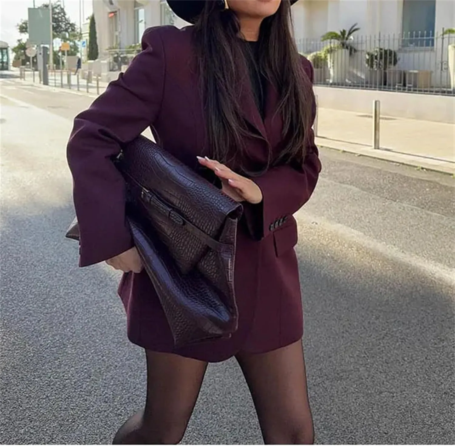 Women's Waist-Hugging Notched Lapel Single-Breasted Suit Jacket Shoulder Pads Office Street Chic Blazer